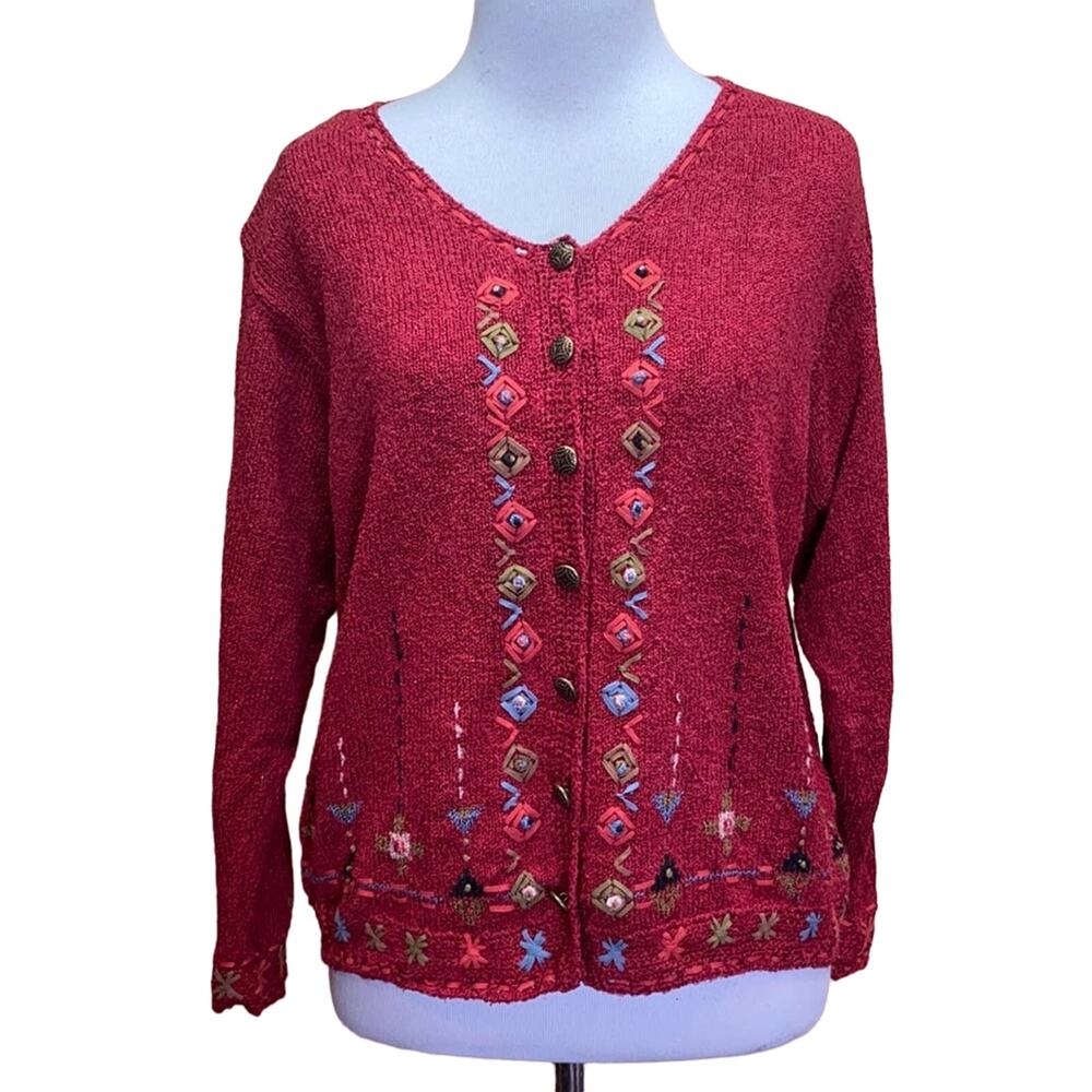 Icelandic Designs Embroidered Button Up Cardigan Silk Rayon Sweater Size Large